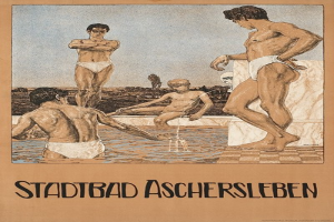 Plakat, das ein Schwimmbad in Aschersleben, Deutschland zeigt, mit Menschen im Wasser und Text über die Einrichtungen des Schwimmbads.