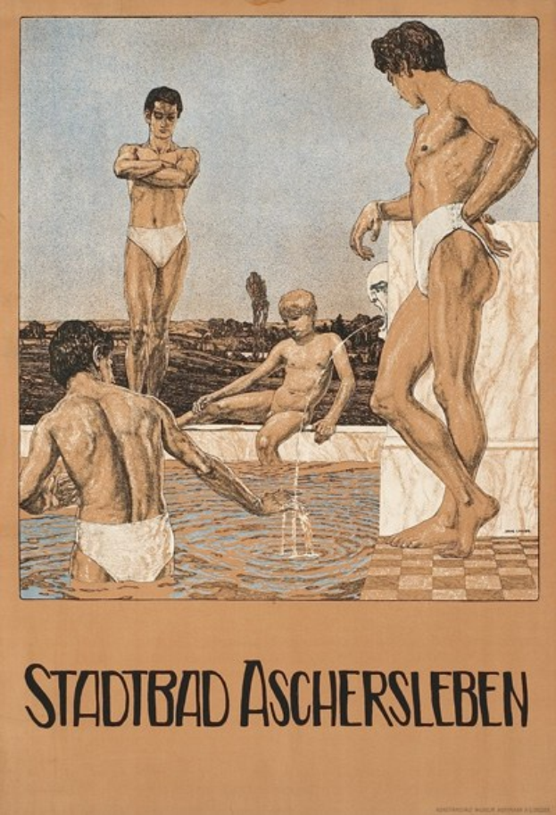 Plakat, das ein Schwimmbad in Aschersleben, Deutschland zeigt, mit Menschen im Wasser und Text über die Einrichtungen des Schwimmbads.