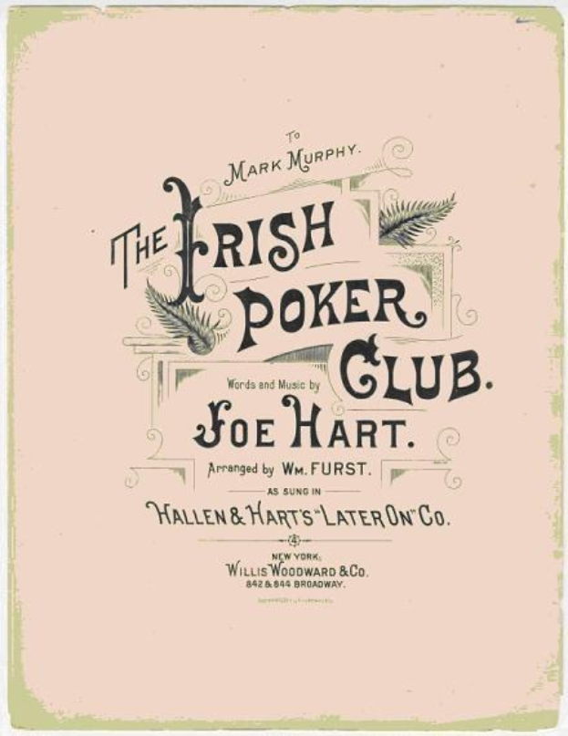 Plakat mit der Aufschrift "The Irish Poker Club" in fetter schwarzer Schrift auf einem weißen Hintergrund, eingerahmt von einem schmalen schwarzen Rand, mit einer farbenfrohen Kleeblatt-Illustration.
