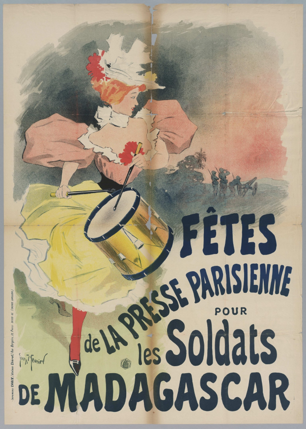 Plakat für ein Konzert in Madrid, Spanien, das ein Gemälde einer Frau zeigt, die ein Musikinstrument spielt, und Text enthält.