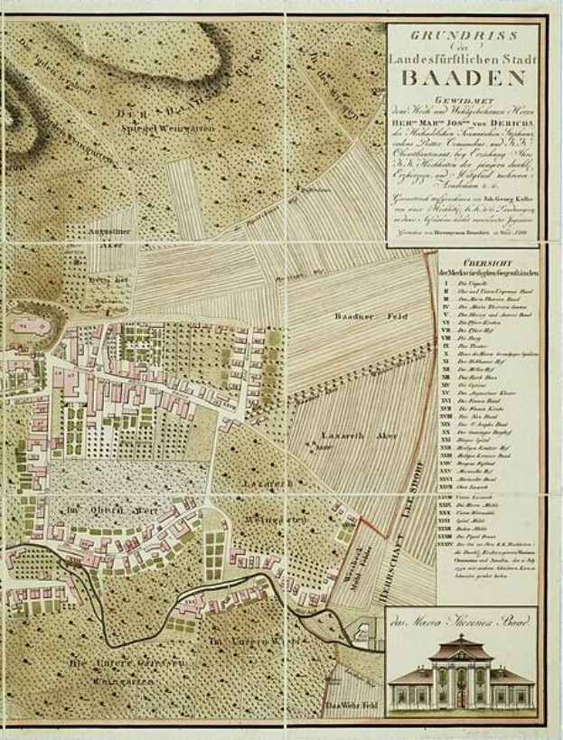 Ein detailliertes altes Stadtplan von Baden-Württemberg, Deutschland, der Straßen, Gebäude und Sehenswürdigkeiten zeigt, mit einem markierten Gebäude in der rechten unteren Ecke und Text, der die Stadtinformationen bereitstellt.