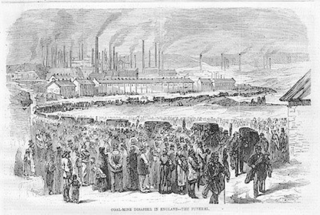 Schwarz-weiß-Zeichnung von Menschen vor einer Fabrik mit Häusern und Rauch aus Schornsteinen, beschriftet mit "coal-mine disaster in England the final" unten.