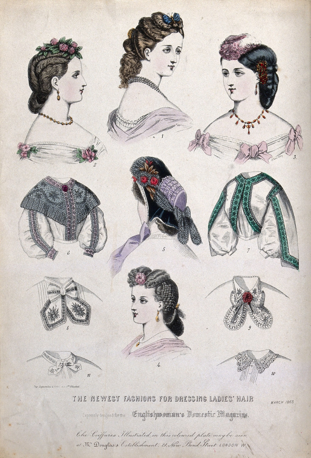Eine Broschüre mit dem Titel "Die neuesten Moden für die Frisur von Damen" mit Abbildungen von Frauen in verschiedenen Kleidern und Frisuren, von lang und wellig bis kurz und lockig, mit Kleidern in hellen und dunklen Farben.