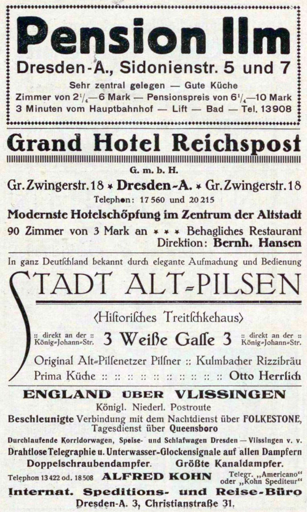 Schwarze und weiße Anzeige für das Pensionshaus in Dresden, Deutschland, mit Text auf weißem Hintergrund.