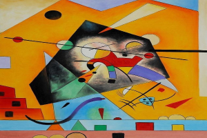 Ein dynamisches Stadtlandschaftsbild von Wassily Kandinsky mit verschiedenen Formen in Blautönen, Grüntönen, Gelbtönen und Rottönen.