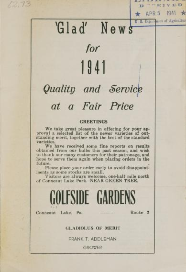 Schwarz-weißes Papier mit Text "Glad News for 1941 Quality and Service at a Fair Price", datiert 1941.