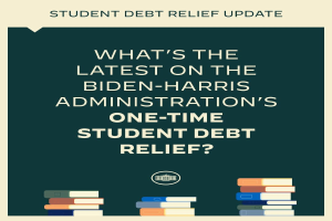 Ein Plakat mit der Aufschrift "Was gibt es Neues zum einmaligen Schuldenverzicht der Biden-Harris-Verwaltung?" oben und Büchern unten.