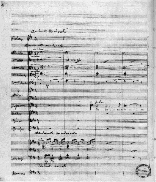 Schwarze und weiße Notenblätter für Johann Sebastian Bachs Sinfonie Nr. 4 in G-Dur, Op. 63, mit einem Stempel in der rechten unteren Ecke, der "Di-Arezzo Co UK" lautet.