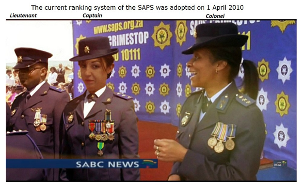 Eine Gruppe von Menschen in Uniformen und Hüten vor einem Banner mit Text oben und unten stehend, der besagt "Das aktuelle Ranking-System der SAP wurde am 1. April 2010 übernommen."