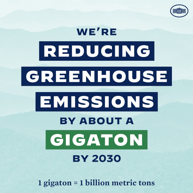 Plakat mit Text und Logo, das "Wir reduzieren die Treibhausgasemissionen um etwa eine Gigatonne bis 2030" zeigt.