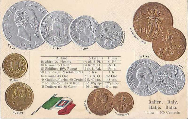 Ein Blatt Papier mit einer Reihe italienischer Münzen von 1877–1910, darunter mehrere 20-Lire-Münzen, mit Porträts und Text auf jeder Münze und zwei Flaggen unten, darunter die italienische Flagge.