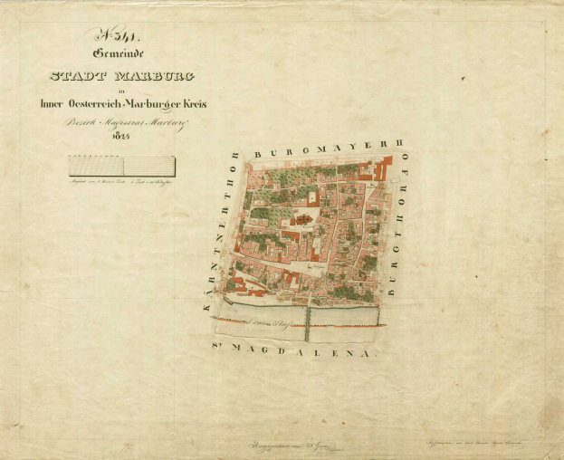 Detailierte alte Stadtplan von Marburg mit Straßennamen, Gebäuden und Sehenswürdigkeiten mit beschreibenden Textanmerkungen.