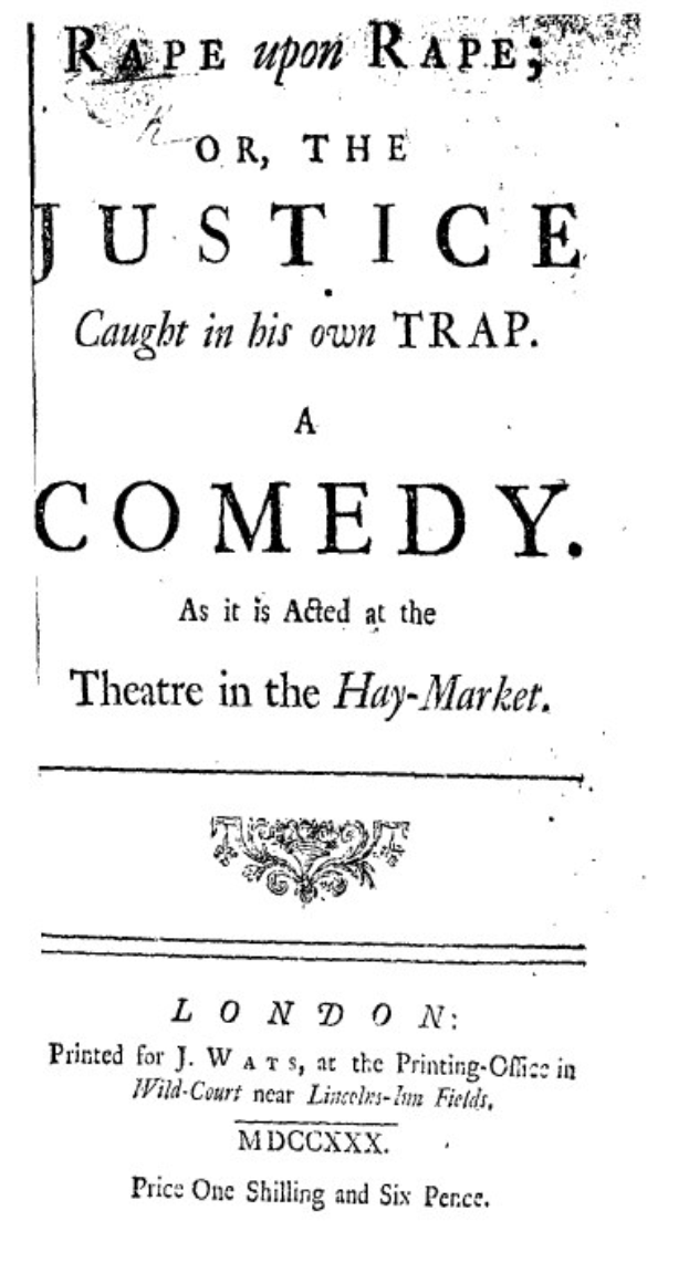 Schwarzes und weißes Plakat, das eine Comedy-Show mit dem Titel 'Vergewaltigung über Vergewaltigung oder die Justiz in ihrer eigenen Falle' ankündigt.