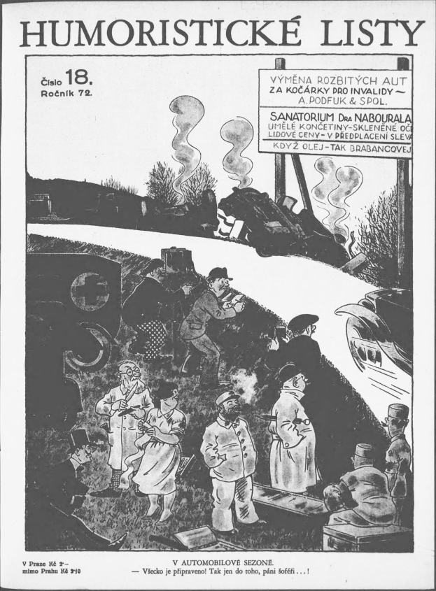 Schwarzer und weißer Cartoon von Menschen, die auf einen Zug schauen, mit "humoristische Listen 18" darauf.