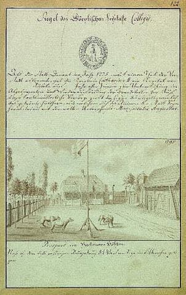 Schwarzes und weißes Bild des ersten Entwurfs der deutschen Verfassung, das eine StraßenSzene mit einem Fahnenmast, Gebäuden, Bäumen und Himmel zeigt.