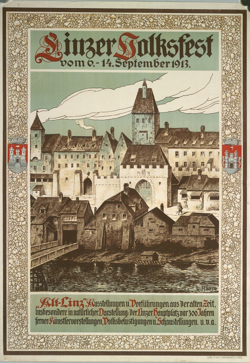 Alter deutscher Festivitätsposter mit einer Burg- und Häuser-Illustration, begleitet von Text.