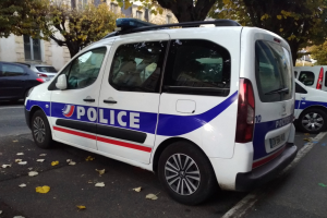 Polizeifahrzeug geparkt an der Seite einer Straße mit Gebäuden, Bäumen und heruntergefallenen Blättern im Hintergrund.