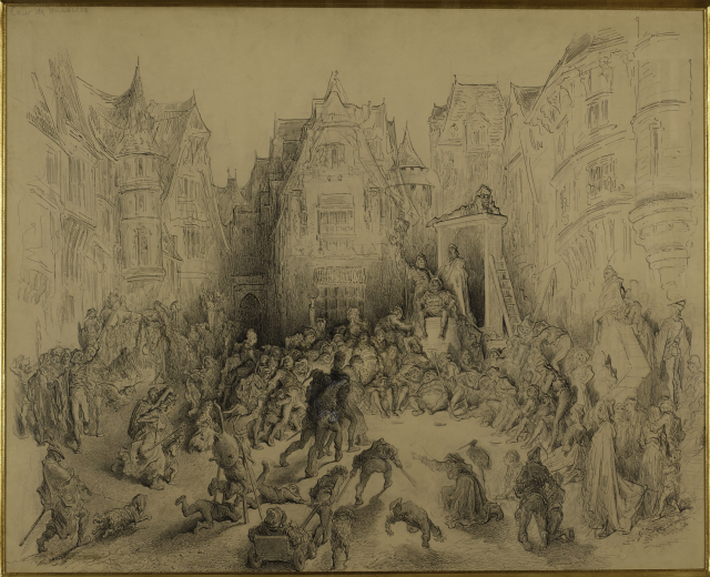 Ein gerahmtes Bild einer belebten Stadtstraße mit Menschen, die stehen und sitzen, mit Gebäuden im Hintergrund.