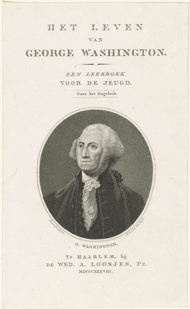 Porträt von George Washington auf Papier mit Text, frontal mit ernstem Gesichtsausdruck, Anzug und Krawatte tragend, zurückgekämmtes Haar sichtbar.