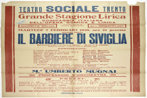 Plakatankündigung eines Konzerts im Teatro Sociale Trento in Rom, Italien, mit Text zur Beschreibung des Ereignisses.