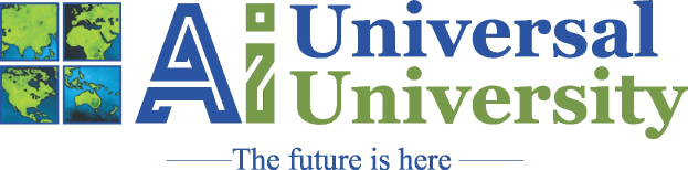 Das Universelle Universitätslogo zeigt einen blauen Kreis mit einer weißen Umrandung und einem Stern, umgeben von einem weißen Ring mit blauer Schrift und dem Satz "Die Zukunft ist Hier" in fetter schwarzer Schrift darunter.
