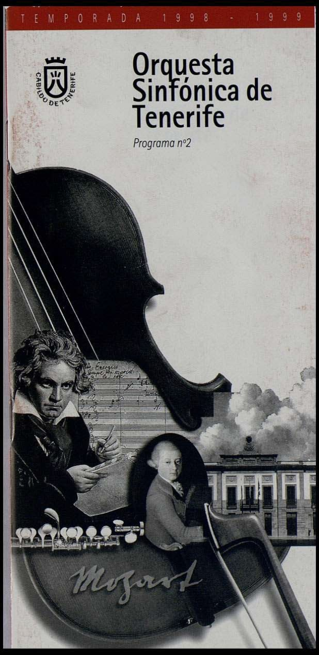 Plakat für das zweite Programm des Symphonieorchesters Teneriffa, das Mozarts Symphonie Nr. 2 D-Moll, Op. 63, mit zwei Geigern im Vordergrund und einem Gebäude im Hintergrund zeigt.