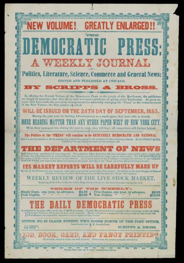 Zeitung mit dem Text "Demokratische Presse: Eine Wochenzeitung" gedruckt, vor einem schwarzen Hintergrund angezeigt.