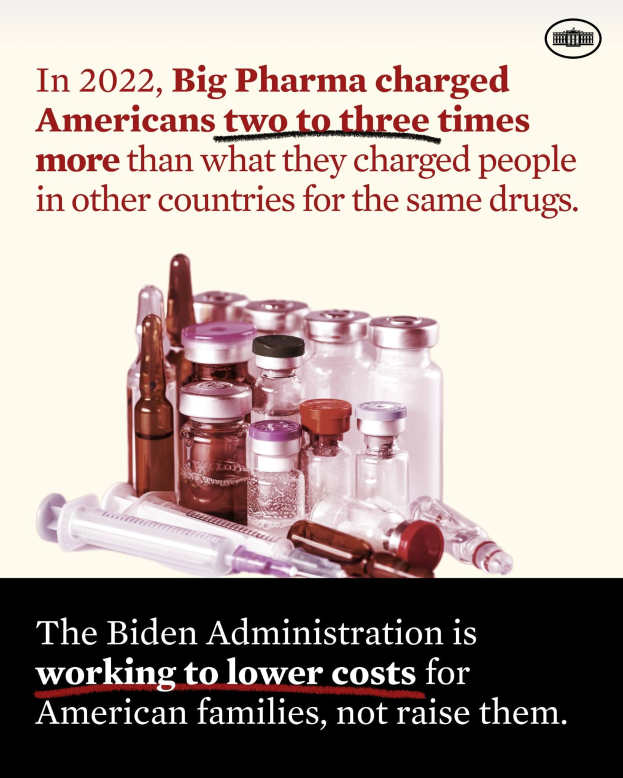 Plakat, das zeigt, dass Big Pharma 2022 Amerikaner zwei bis drei Mal so viel für dieselben Medikamente berechnet hat wie andere Länder, mit Bildern von Medikamentenflaschen und einer Spritze darunter
