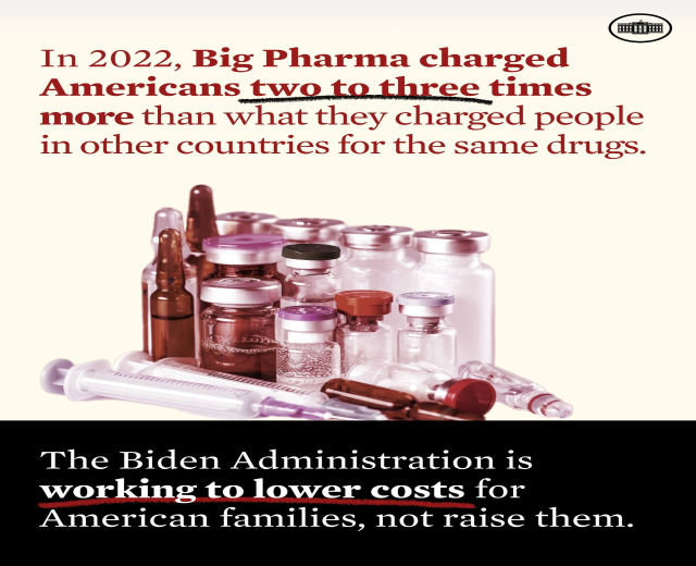 Plakat, das zeigt, dass Big Pharma 2022 Amerikaner zwei bis drei Mal so viel für dieselben Medikamente berechnet hat wie andere Länder, mit Bildern von Medikamentenflaschen und einer Spritze darunter
