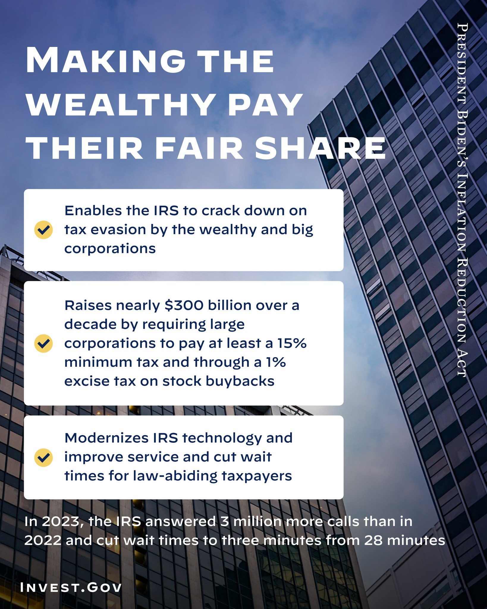 Plakat mit dem Text "Die Reichen sollen ihren gerechten Anteil bezahlen" vor einem Hintergrund aus Gebäuden und Wolken.