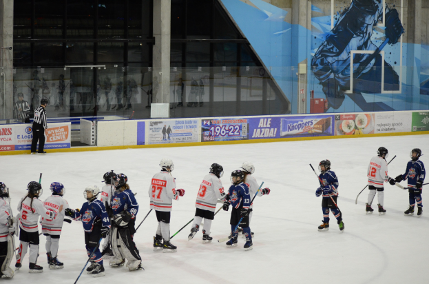 Gruppe junger Menschen beim Eishockey auf einer Indoor-Eisbahn, mit Helmen und Stöcken, mit einer Person auf der linken Seite und Bannern, Säulen und Glaswänden im Hintergrund.