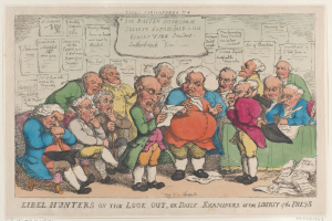 Eine Gruppe von Menschen sitzt um einen Tisch mit Papieren und Gegenständen, einer hält ein Papier in der Hand, mit dem Text "Libel Hunters on the Look Out, or Daily Examiners of the Liberty of the Press" unten.