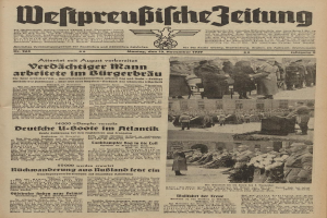 Titelseite einer deutschen Zeitung vom 13. November 1939 mit der Überschrift "Weitpreubliche Zeitung", die eine Gruppe von Menschen in traditioneller deutscher Kleidung in einer feierlichen Umgebung zeigt.