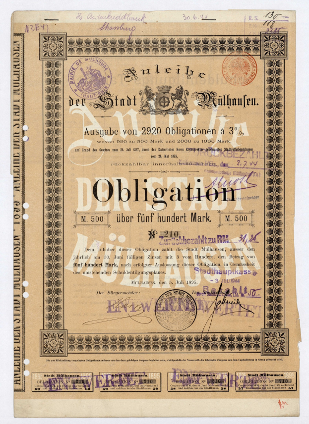 Altes deutsches Wertpapier mit Text und Stempeln auf einem weißen Hintergrund, das eine finanzielle Verpflichtung angibt.