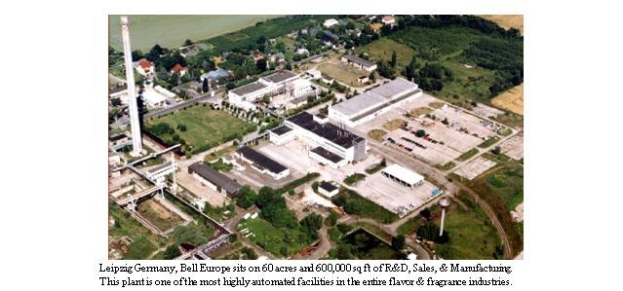 Luftaufnahme eines großen Industriegebiets in Leipzig, Deutschland, mit der Beschriftung "Bell Europe", das Gebäude, Bäume, Straßen und verschiedene Infrastruktur-Elemente zeigt.
