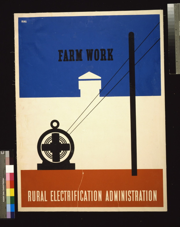 Plakat mit fetter schwarzer Schrift "Landwirtschaftliche Arbeit Stromversorgung Verwaltung" auf weißem Hintergrund, umrandet von einem schwarzen Rand, mit einer Grafik eines Bauernhofs mit einem Traktor und einem Stall.
