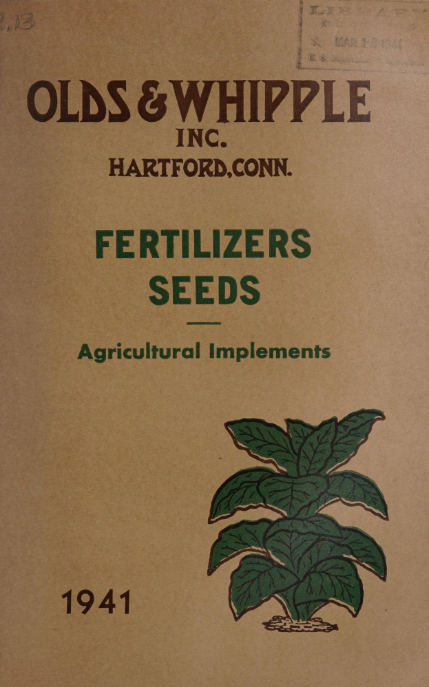 Alter Buchumschlag mit der Aufschrift "Düngemittel Saatgut Landwirtschaftliche Geräte 1941" mit einer Illustration einer grünen Pflanze mit Blättern und Stielen, eingerahmt von einem weißen Rand.