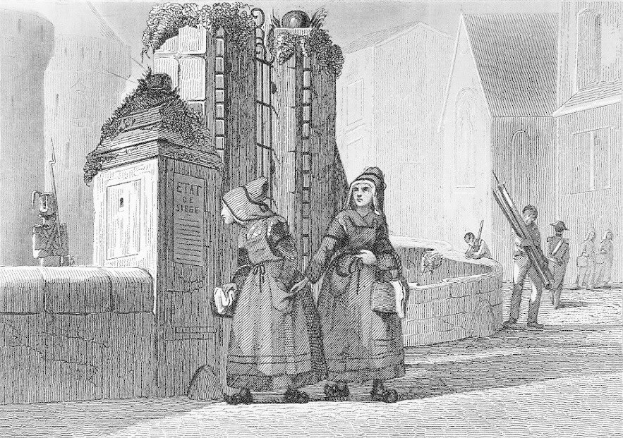 Schwarz-Weiß-Gravur Von Zweien Frauen, Die Vor Einem Gebäude Stehen, Mit Anderen Leuten Im Hintergrund, Betitelt Mit "Victorian Women In The City Of London."