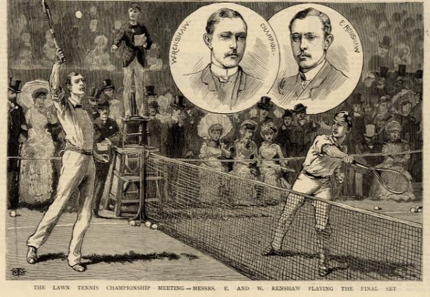 Schwarze und weiße Zeichnung von zwei Männern, die auf einem Platz mit Netz und Zuschauern im Hintergrund Tennis spielen, mit der Beschriftung "The Lawn Tennis Championship Meeting - Messers, E and W Renshaw Playing the Final Set" unten.