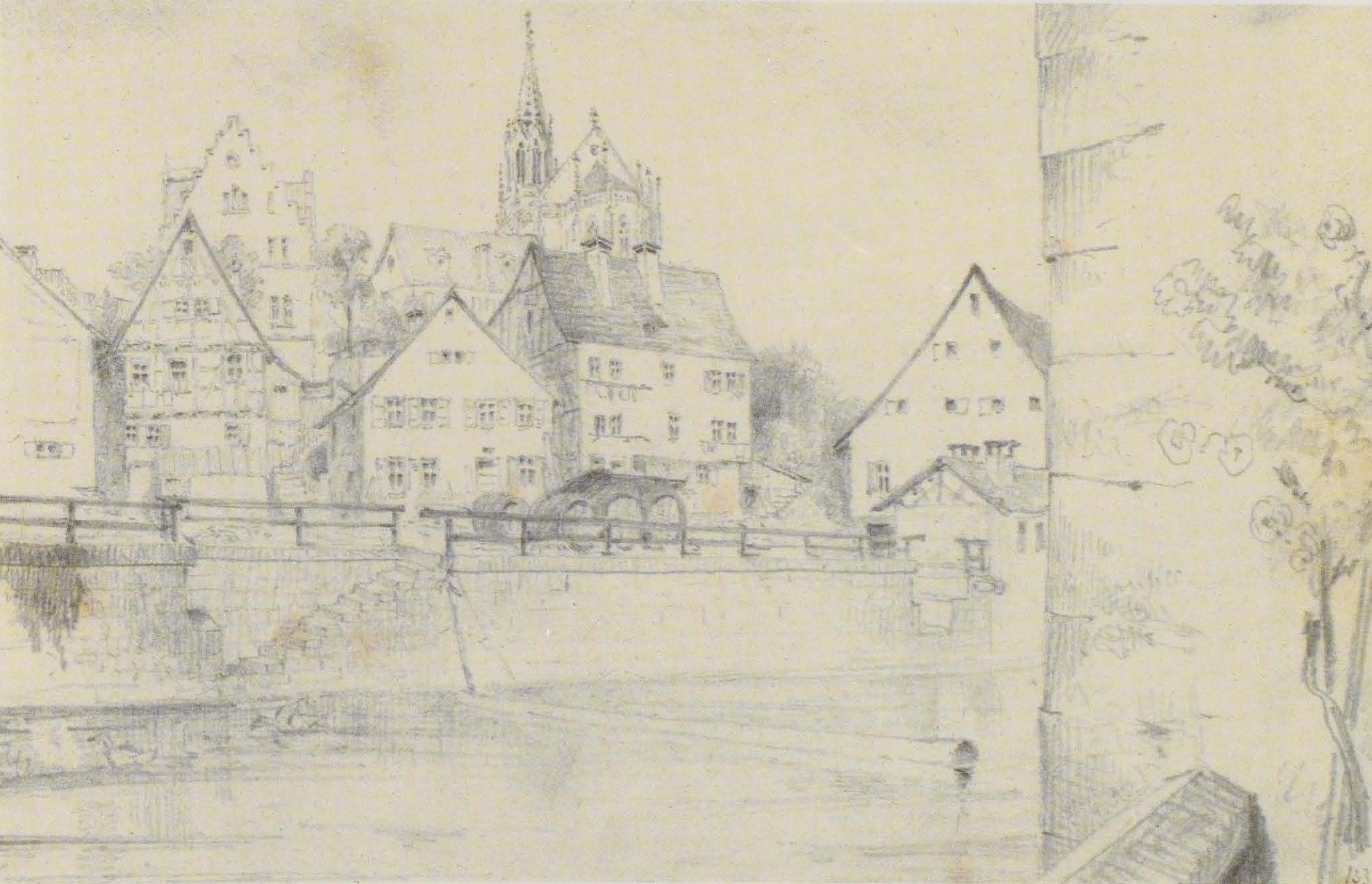 Ein Bleistift-Zeichnung auf Papier mit dem Titel "Nürnberg, Deutschland" von Joseph Mallord William Turner, die eine Stadtlandschaft mit einem Fluss, Gebäuden, Bäumen und einer Brücke zeigt.