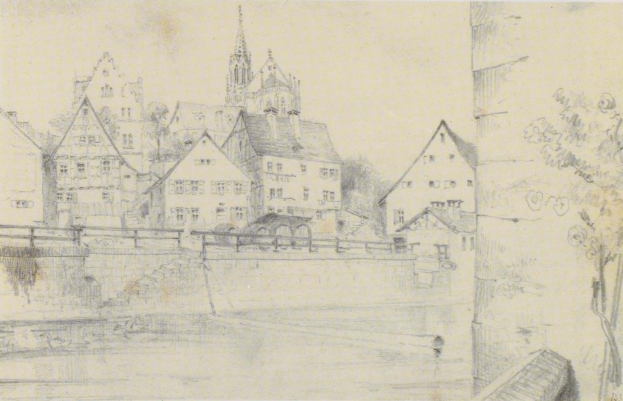 Ein Bleistift-Zeichnung auf Papier mit dem Titel "Nürnberg, Deutschland" von Joseph Mallord William Turner, die eine Stadtlandschaft mit einem Fluss, Gebäuden, Bäumen und einer Brücke zeigt.