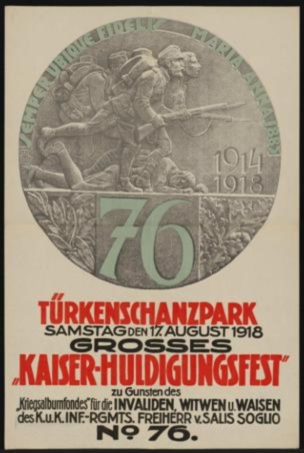 Plakat zum 70. Jubiläum des Kaiser-Huldigungsfestes in Berlin, Deutschland, mit einer Gruppe von Menschen in der Mitte, umgeben von Text und Zahlen in einem Photo-Rahmen.