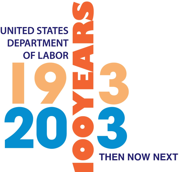 Das Logo des United States Department of Labor mit dem Text "1933 dann jetzt nächsten" darunter, das einen blauen Kreis mit einem weißen Stern und einen weißen Rand zeigt.