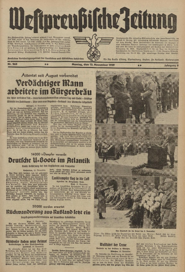 Titelseite einer deutschen Zeitung vom 13. November 1939 mit der Überschrift "Weitpreubliche Zeitung", die eine Gruppe von Menschen in traditioneller deutscher Kleidung auf einer Feier zeigt.