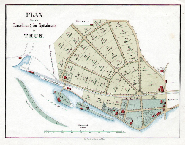 Ausführliche alte Karte von Thun, Deutschland, zeigt Straßen, Gebäude und Sehenswürdigkeiten mit lesbarer Text.