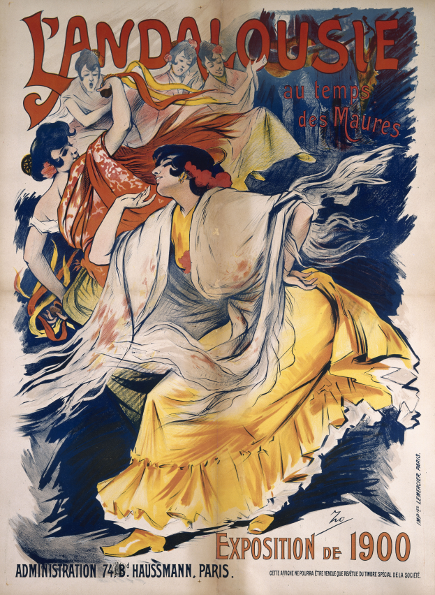 Ein Plakat, das die Landalousie-Ausstellung auf der Weltausstellung Paris 1900 ankündigt, zeigt eine Frau in einem gelben Kleid umgeben von Menschen und Text.