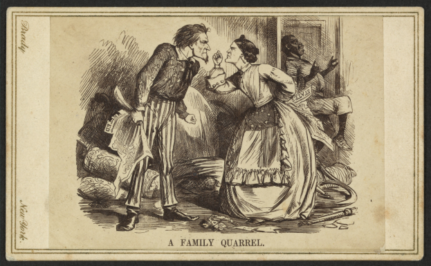 Ein Familienstreit dargestellt mit einem Mann, der ein Objekt hält und einer Frau, die neben ihm steht, mit der Aufschrift "ein Familienstreit" unten.