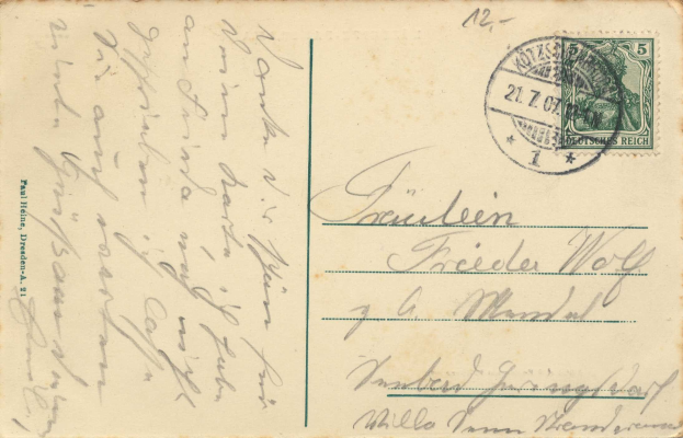 Alte Postkarte mit deutschem Stempel, von Dresden, Deutschland, mit der Nummer "21 7c"
