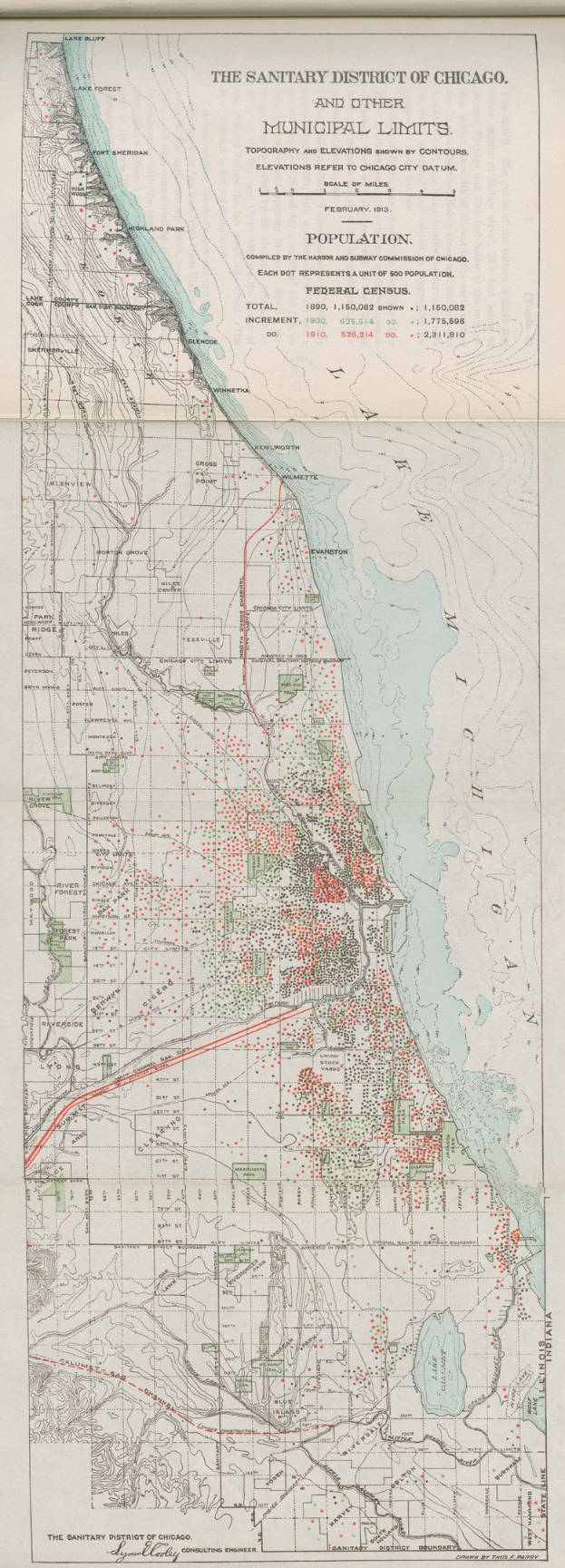 Schwarz-weiß-Karte des Sanitärbezirks von Chicago, die die kommunalen Grenzen und Textdetails zeigt.