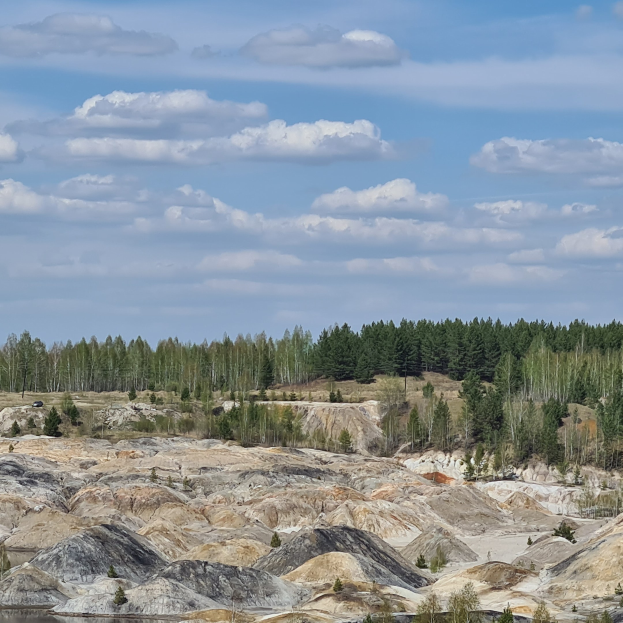 Ein großer Wasserlauf umgeben von Bäumen und Felsen unter einem bewölkten Himmel im Yellowstone-Nationalpark.